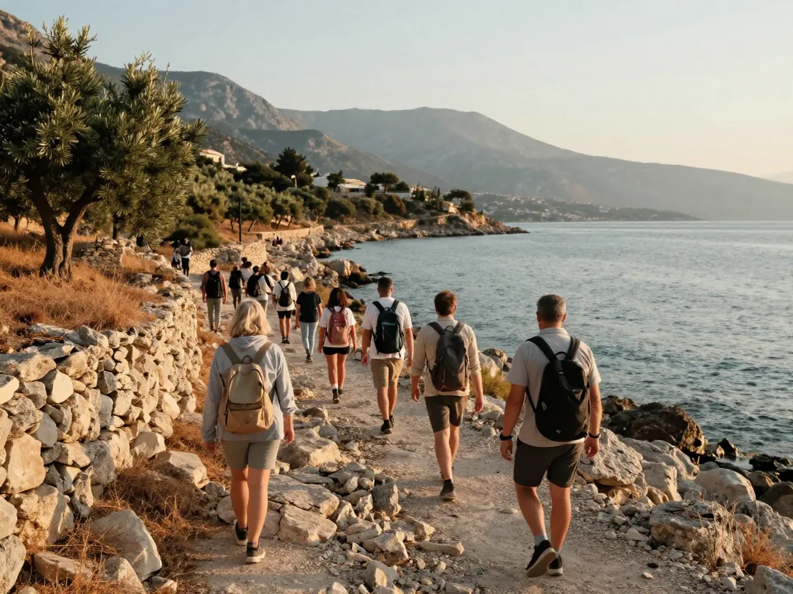 Group seen from behind walking a rocky coastal path in Crete beside olive groves and the sea
