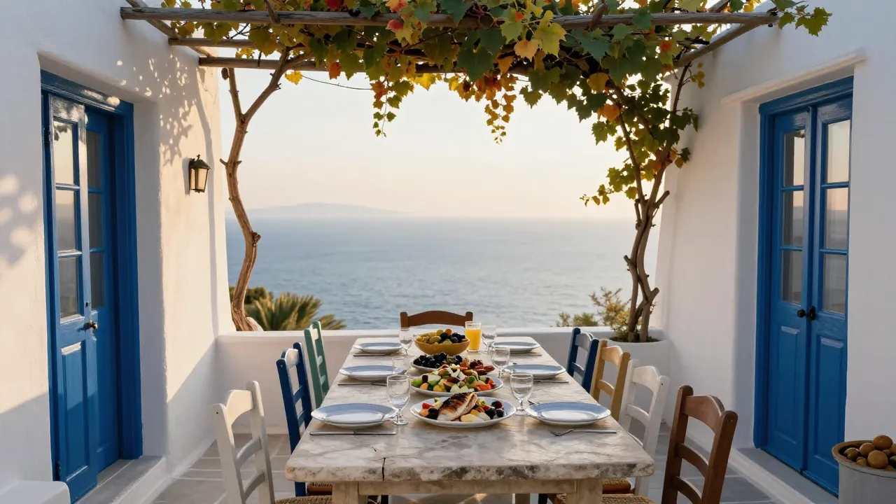 Long stone table set for a family meal on a Cycladic terrace at golden hour, with sea view.
