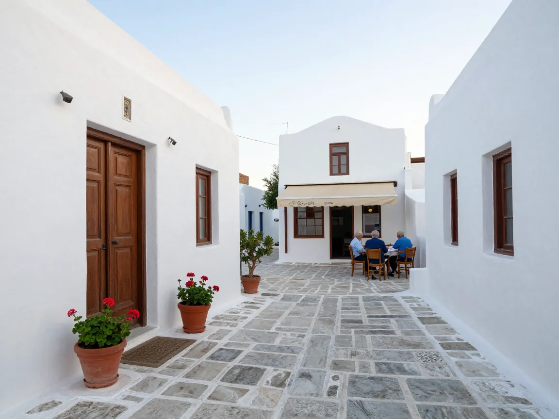 Whitewashed courtyard and alley in a Greek island village with distant seated figures.