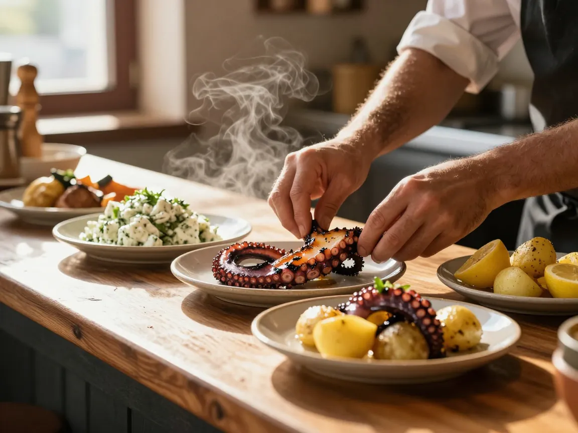 Close-up of hands plating grilled octopus and Greek salad in a taverna kitchen.
