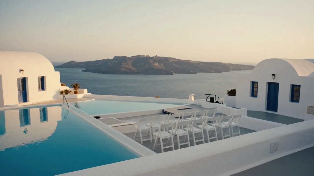 Empty Cycladic event terrace with chairs facing the Aegean at sunset.