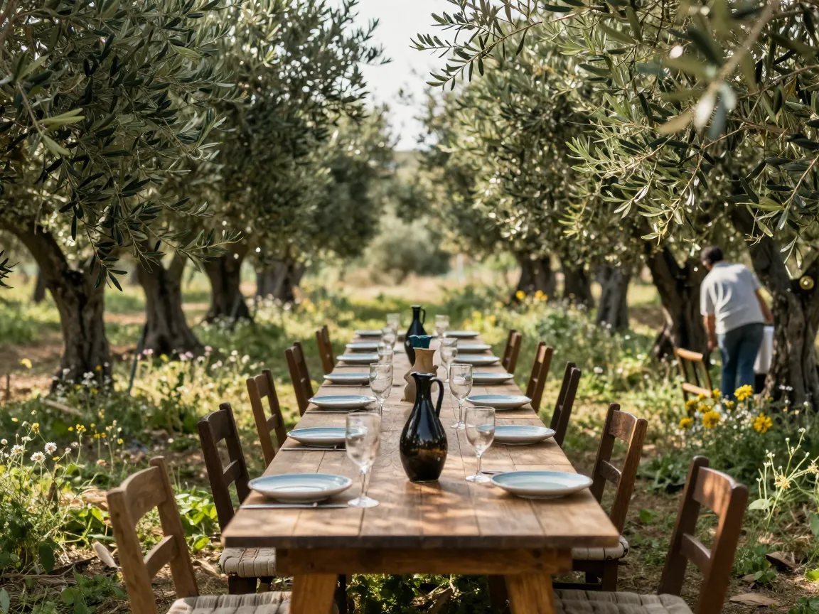 Long table set for a group meal under olive trees in Crete, person arranging chairs in distance.