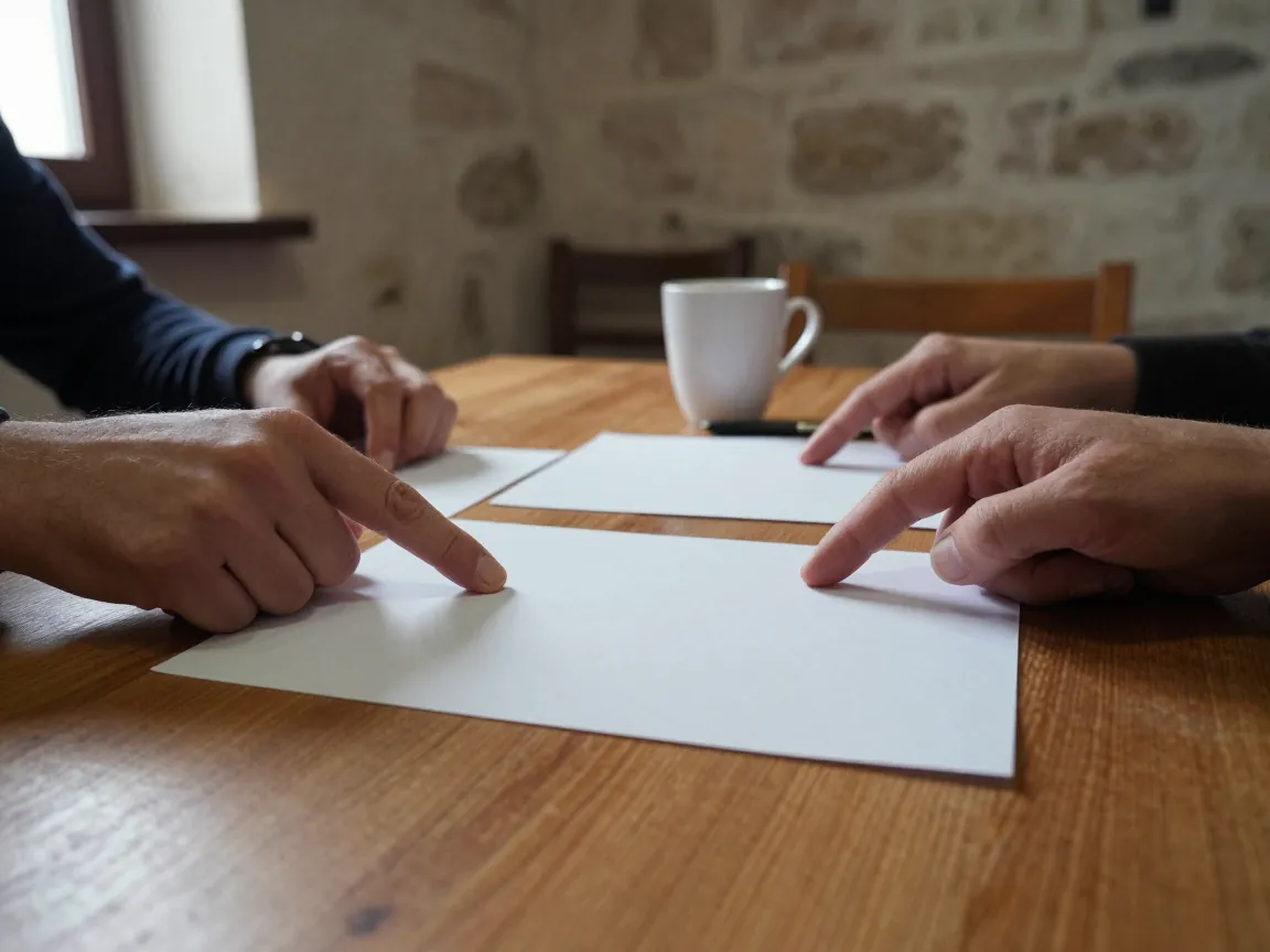 Hands pointing at blank papers and pen on a wooden table in a stone meeting room.