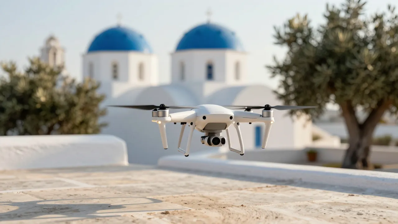 Quadcopter drone hovering over a Cycladic terrace with blue-domed chapel and olive trees in soft focus at golden hour.