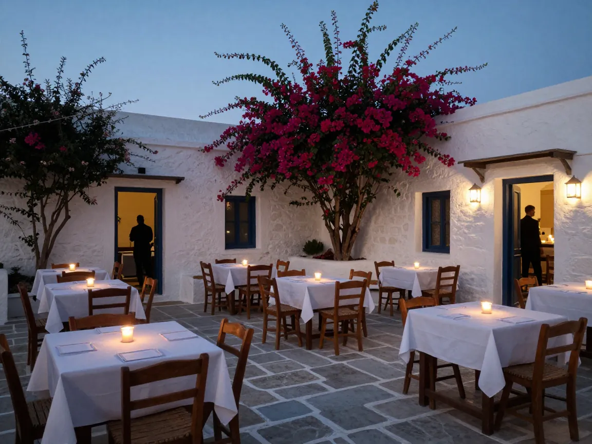 Twilight courtyard of a Greek island wedding venue with candlelit tables, bougainvillea and a distant blurred figure by a doorway.