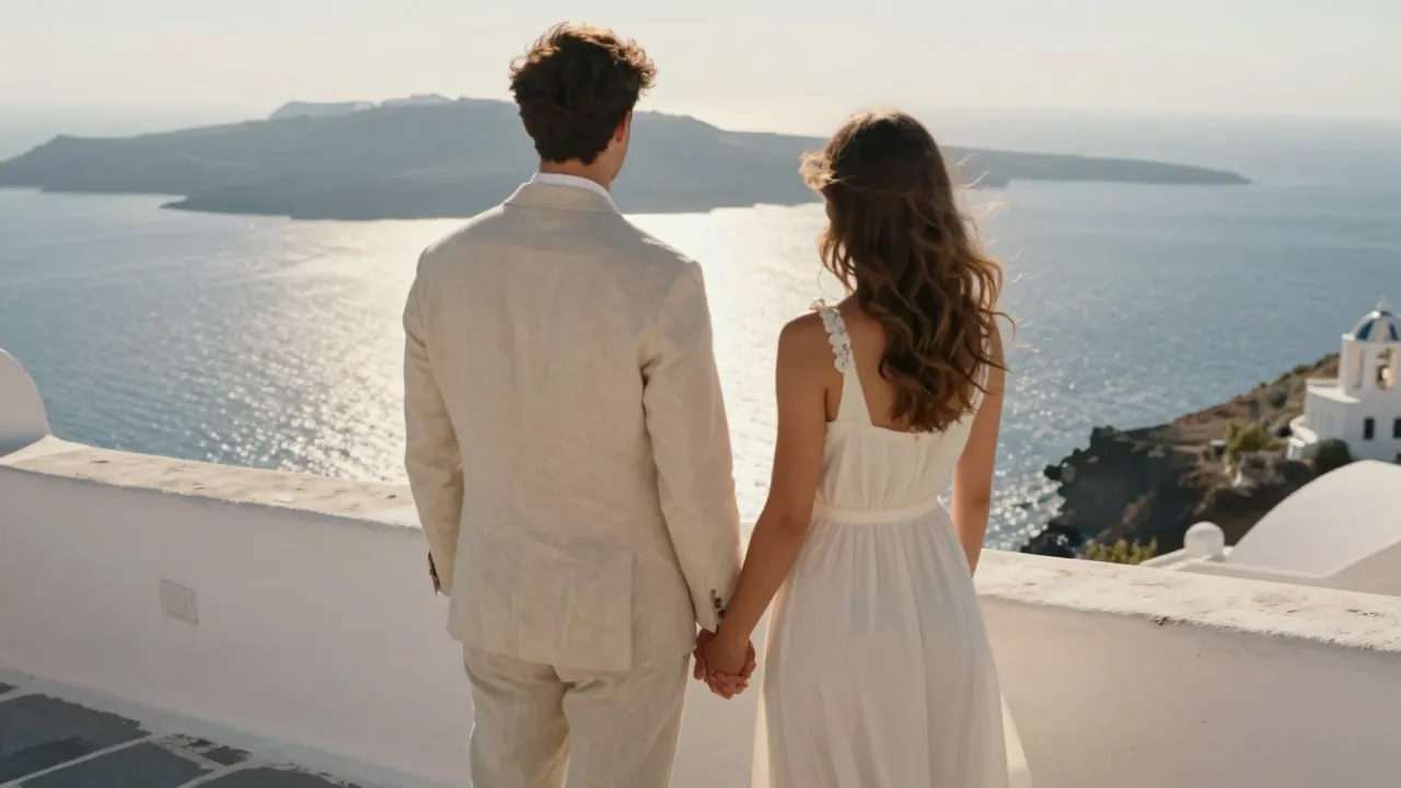 Couple seen from behind on a Cycladic terrace overlooking the Aegean Sea at golden hour.