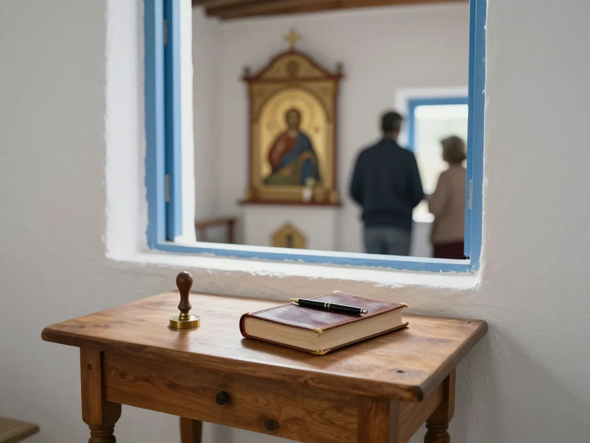 Sunlit wooden table in a whitewashed chapel with a closed book, seal and pen.