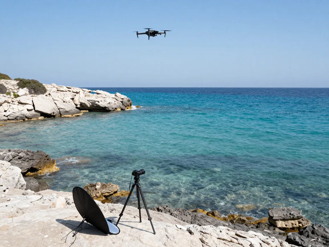 Small drone hovering over a turquoise Greek cove with a tripod on the rocky shore below.