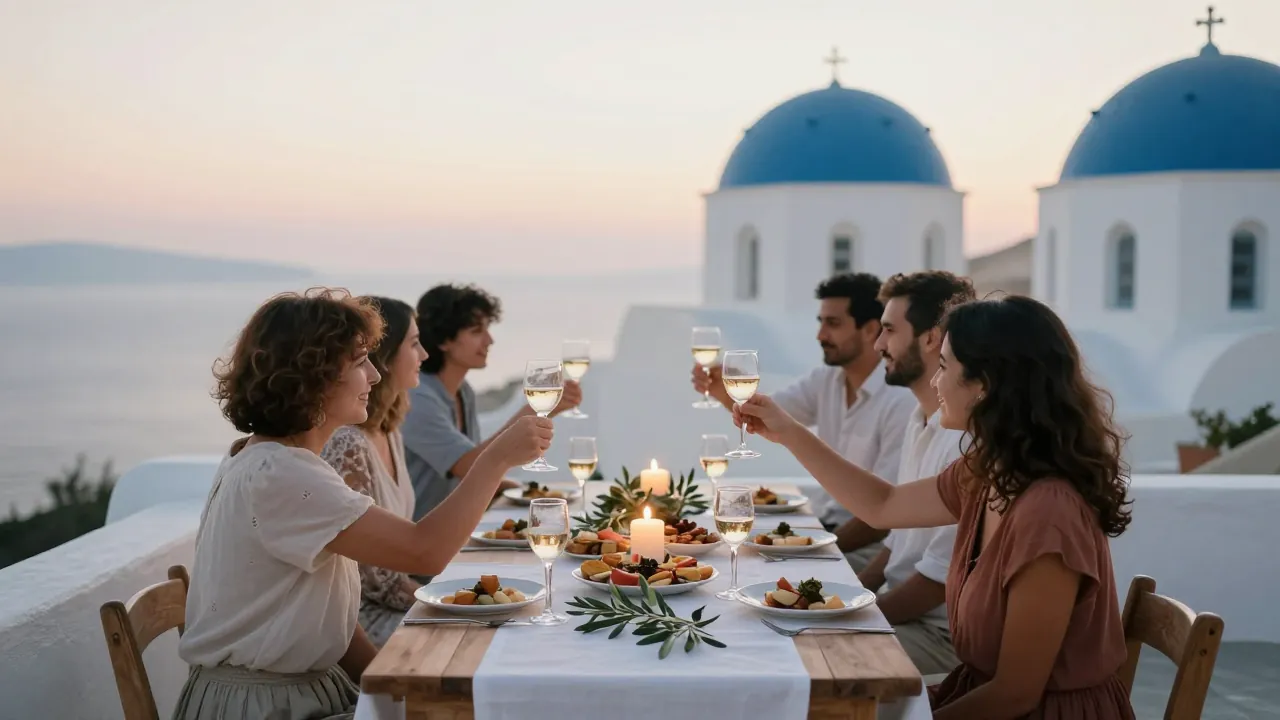 Guests toast at a candlelit table on a whitewashed Cycladic terrace at sunset.