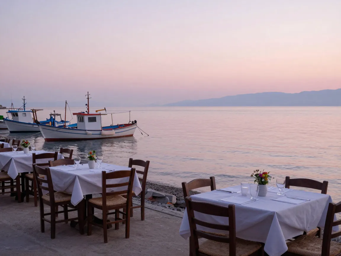 Άδεια τραπέζια παραθαλάσσιας ταβέρνας με χάρτινα τραπεζομάντιλα περιμένουν καλεσμένους το σούρουπο στα Ιόνια.