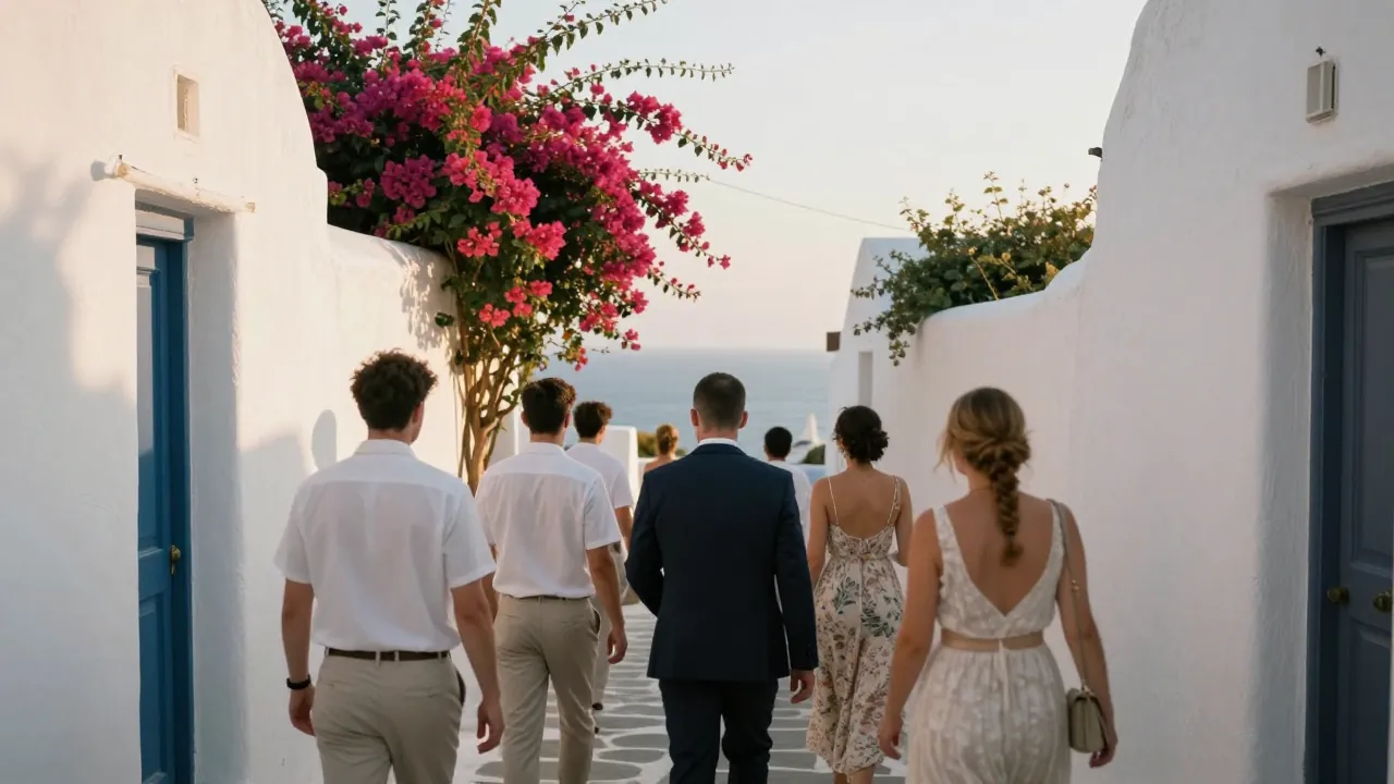 Guests in summer clothes walking a whitewashed Cycladic alley at golden hour, bougainvillea and sea beyond.