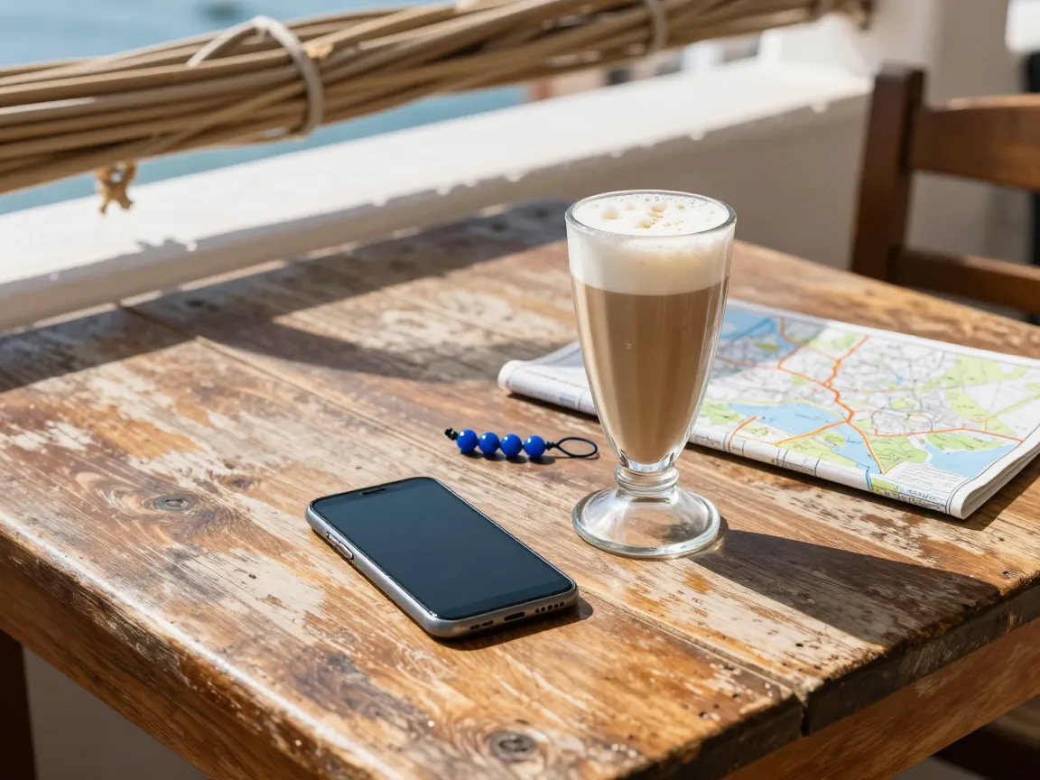Smartphone face down on taverna table beside frappe, worry beads, and folded map in midday sun.
