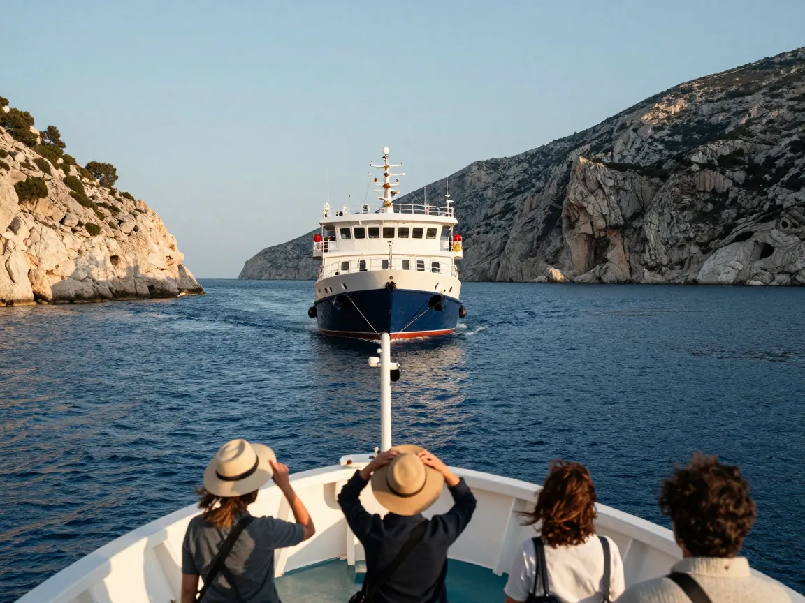 Small ferry nearing rocky Ionian island, guests at bow with backs turned, deep blue sea and cliffs.