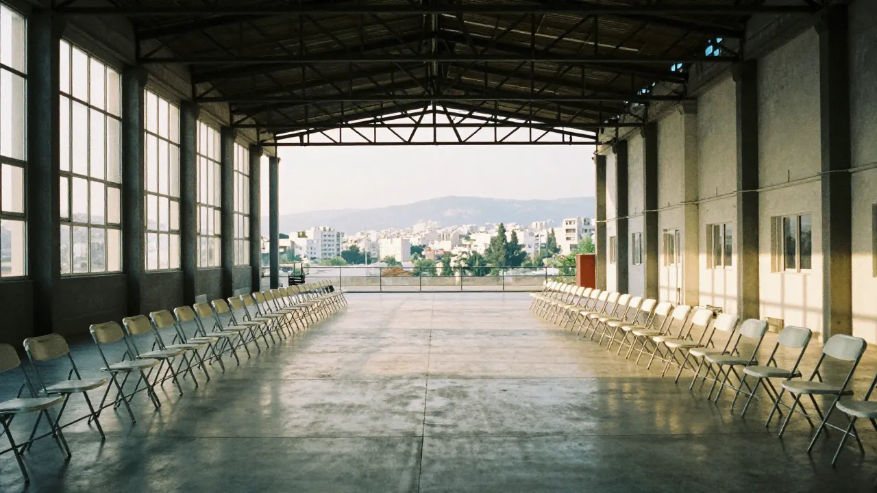 Empty runway with rows of white chairs in a converted industrial hall in Athens, Greece.