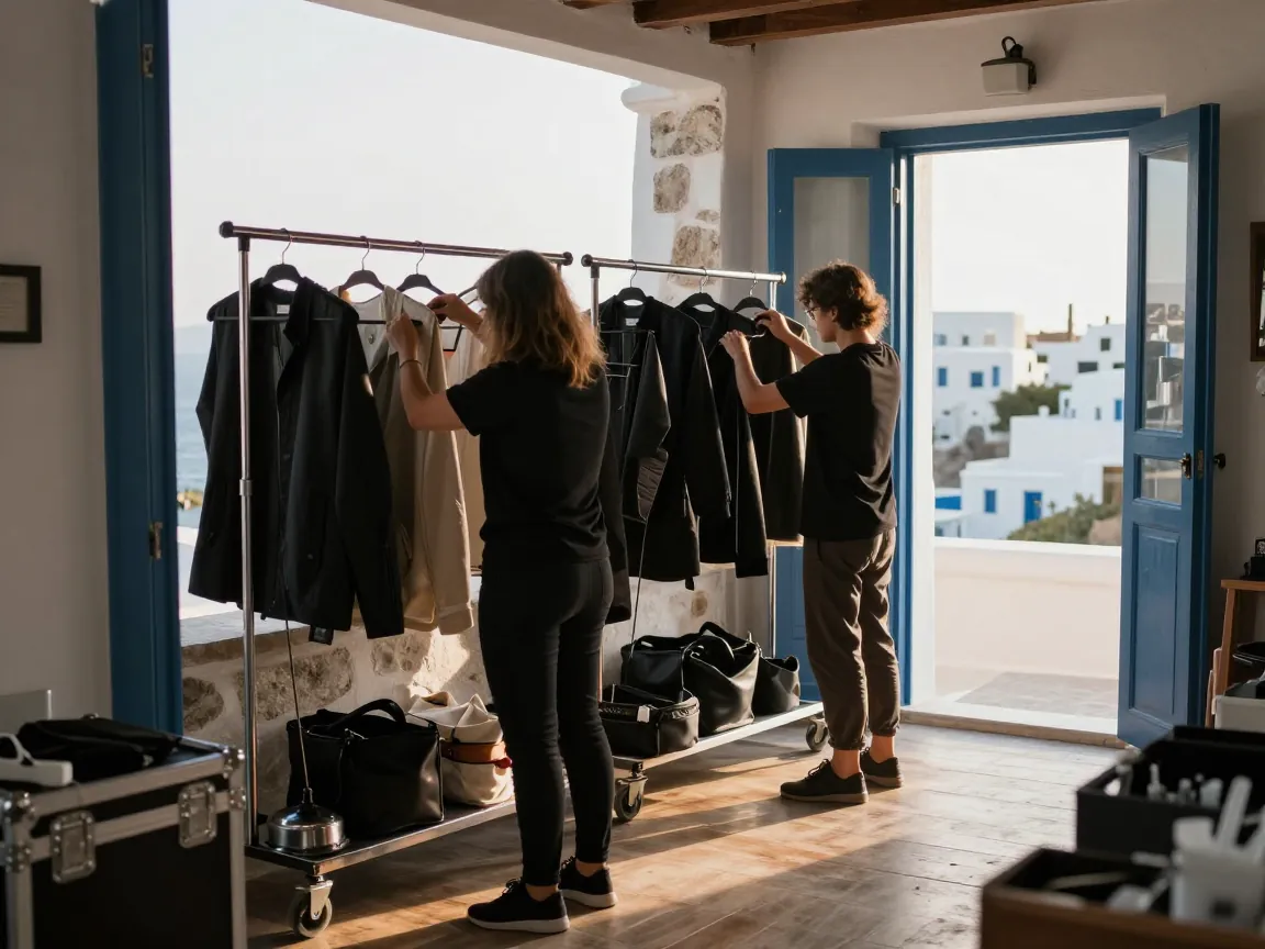 From behind, two stylists arrange garment bags on a rack in a Greek island backstage room.