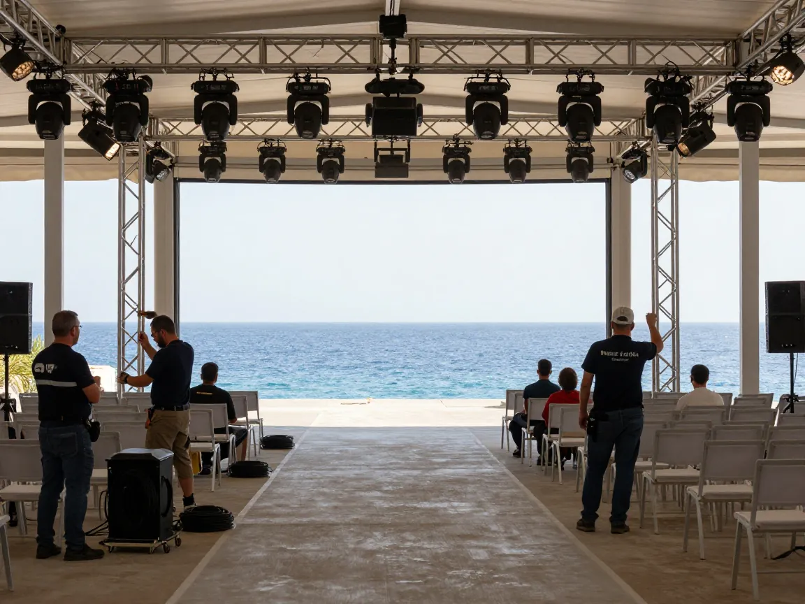 From a distance, technicians adjust spotlights on a catwalk above an empty runway in a Greek seaside venue.