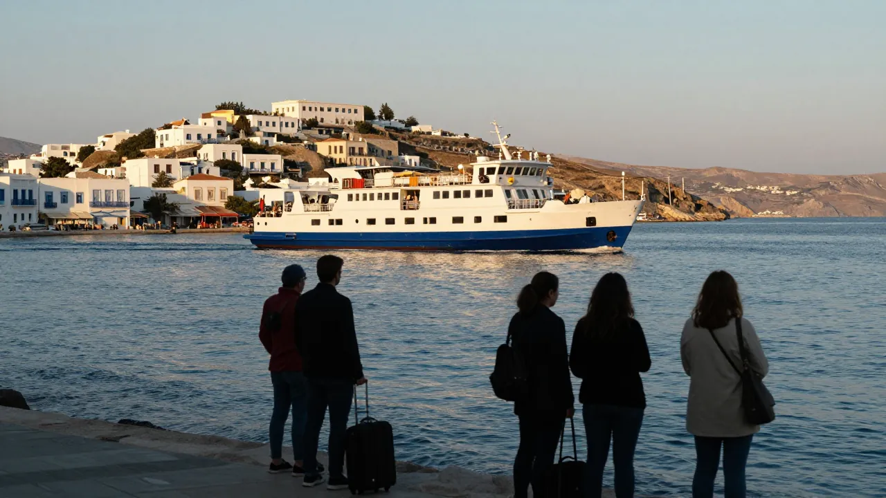 A ferry arriving at a Cycladic island harbor at sunset, with guests seen from behind on the pier.