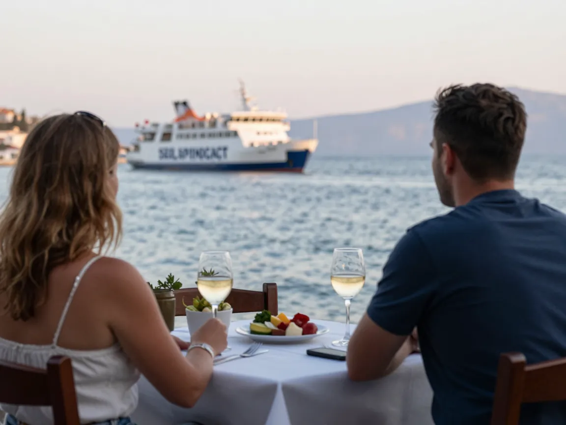 Ένα ζευγάρι από πίσω σε τραπέζι ταβέρνας με θέα σε ελληνικό λιμάνι, με φέρι να αναχωρεί στο βάθος.
