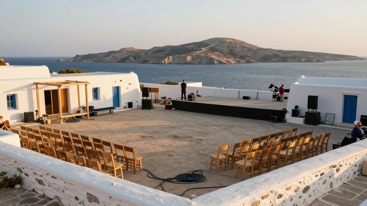 Outdoor festival venue on a Greek island with whitewashed walls and a stage being set up.