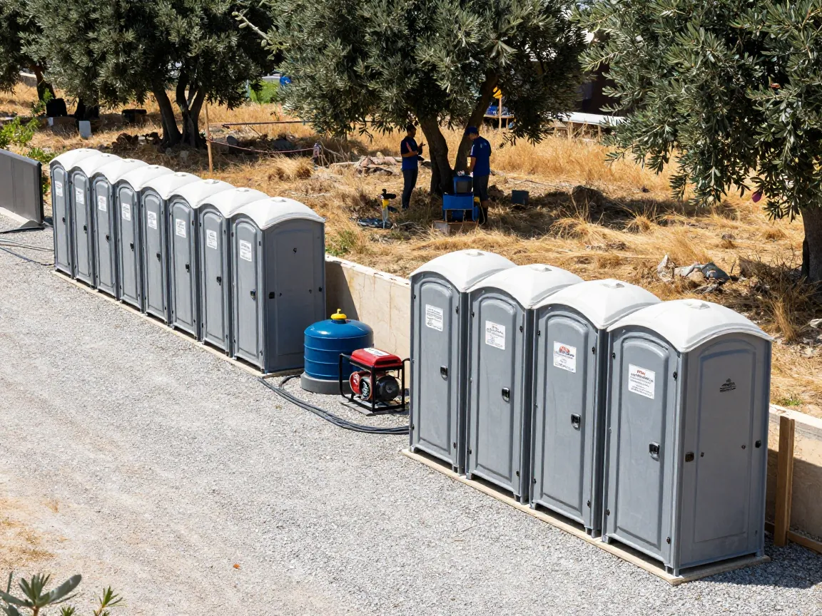 Εγκαταστάσεις φεστιβάλ με φορητές τουαλέτες, δεξαμενή νερού, καλώδια και γεννήτρια στο φως.
