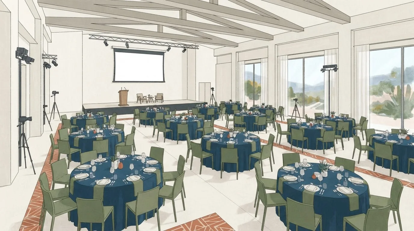 Illustrated venue setting: A gala dinner room must work from the back table