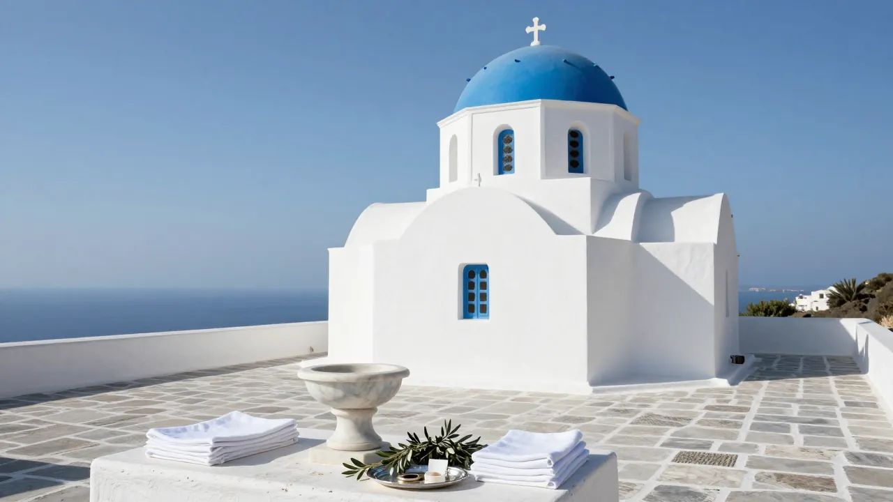 Whitewashed chapel with blue dome and courtyard font prepared for a Greek baptism.