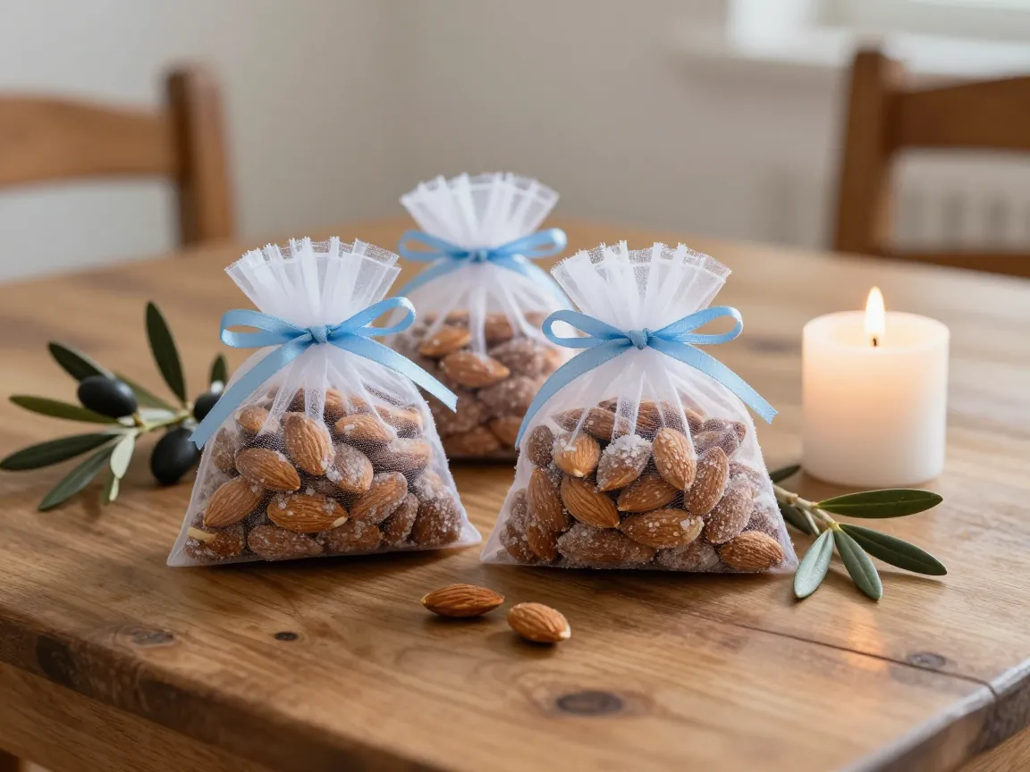 Small tulle favours with sugared almonds and blue ribbons on a wooden table.