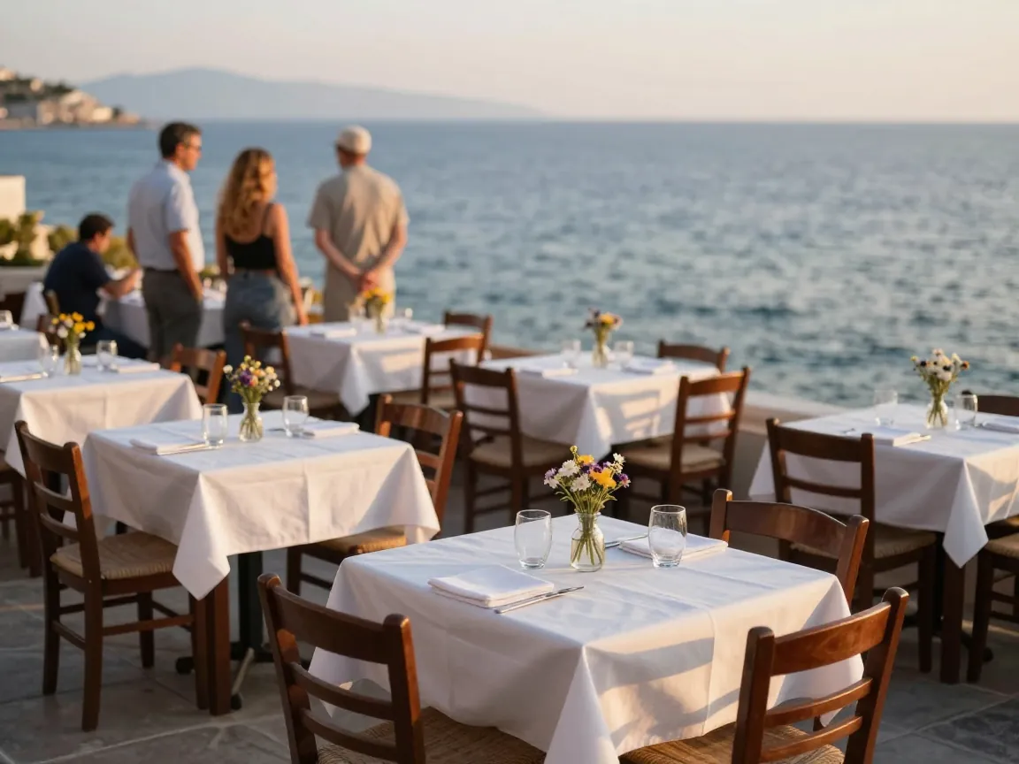 Seaside taverna terrace set for a baptism reception with tables and distant guests.
