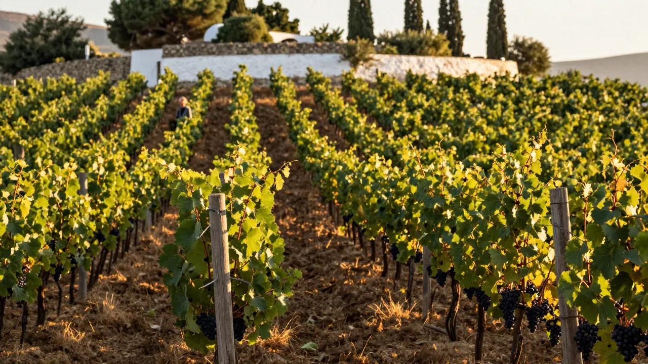 Sunlit vineyard rows on a Greek hillside with a distant worker walking between vines at golden hour.