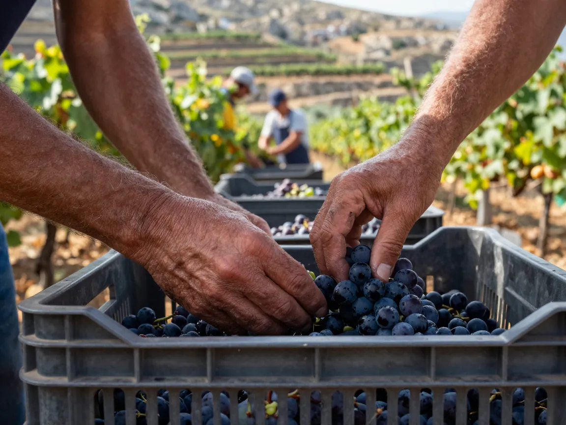 Hands placing dark grapes into a harvest crate with other workers blurred in a rocky Greek vineyard.
