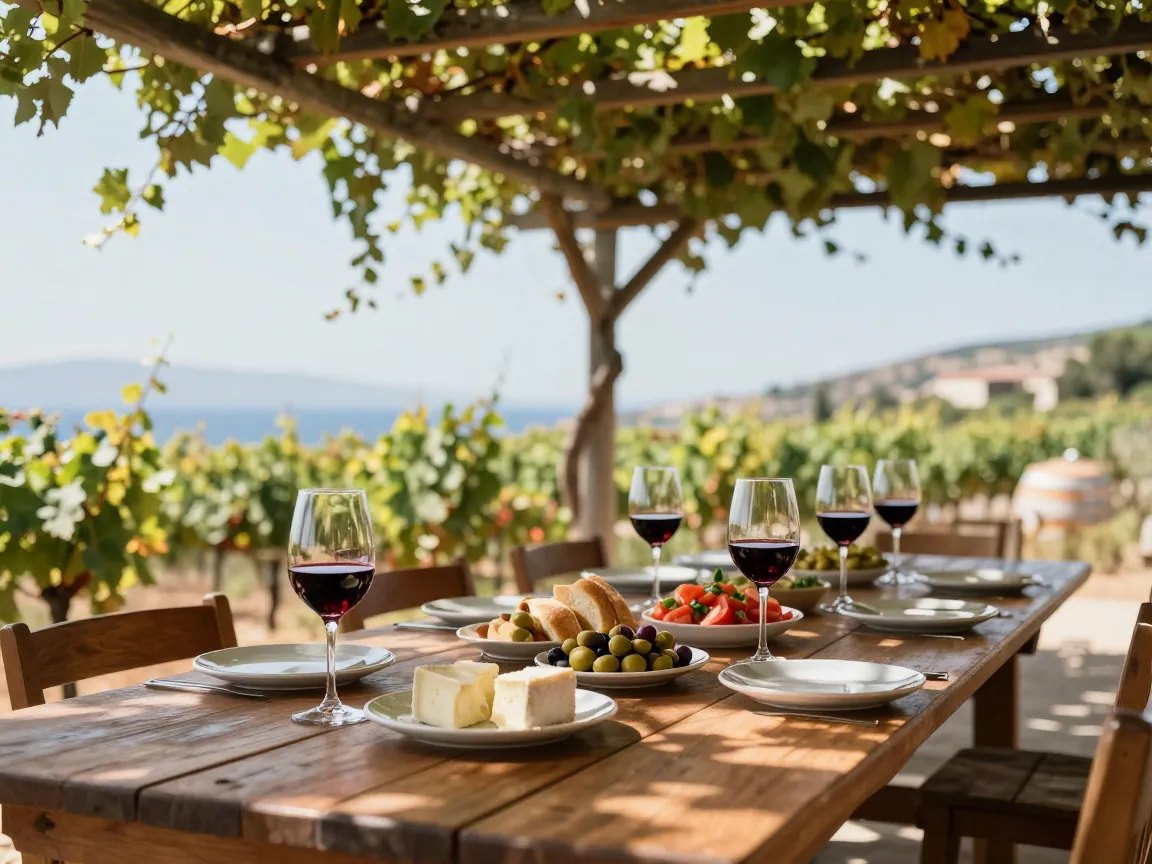 Outdoor table under a grapevine pergola set with wine, cheese, olives and salad on a Greek terrace.