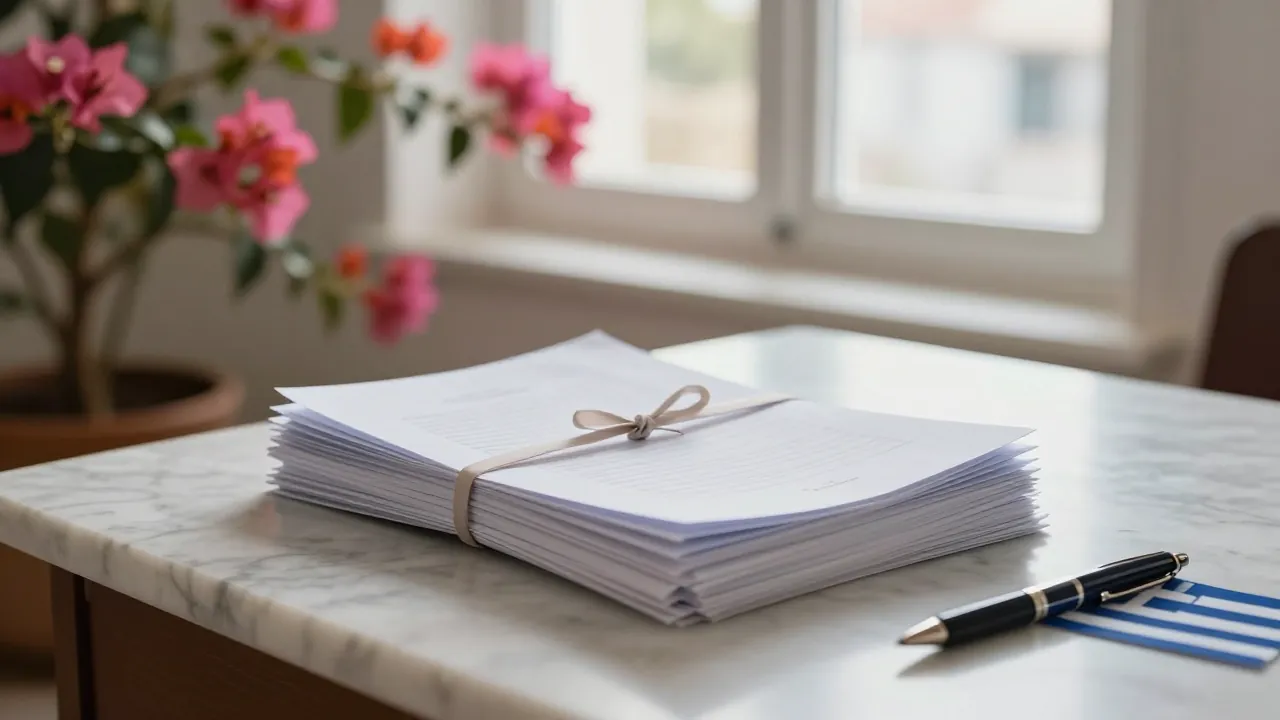 Blank documents tied with ribbon on a marble desk in a sunlit Greek town hall, no writing visible.