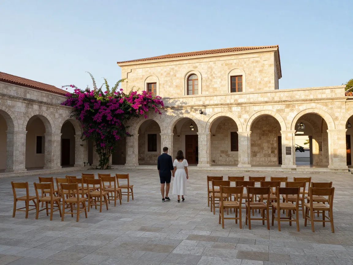 Ζευγάρι από πίσω σε αυλή ελληνικού δημαρχείου με άδειες καρέκλες και μπουκαμβίλια, χωρίς ορατά πρόσωπα.