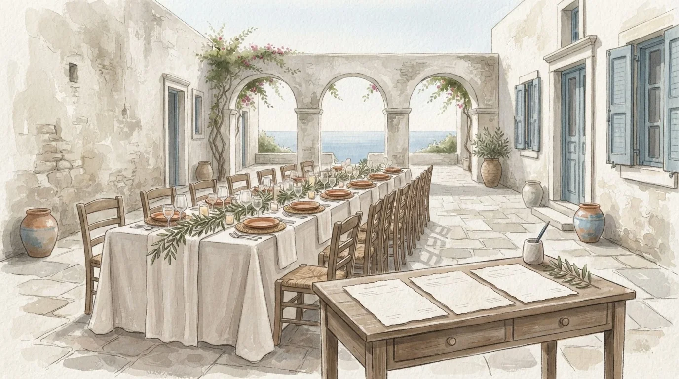 Illustrated venue setting: Greece wedding venue costs: compare the whole quote