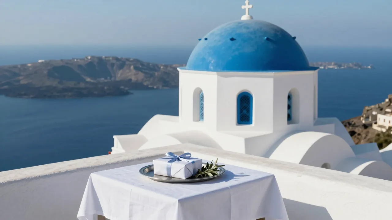 Whitewashed chapel with blue dome overlooking the sea, with a table set for a baptismal gift.
