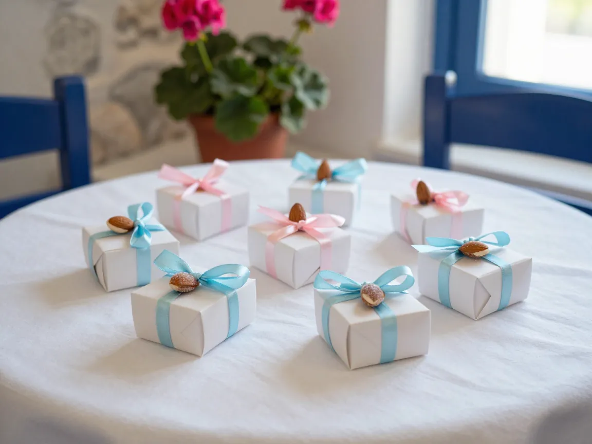 Small white favor boxes with pastel ribbons and sugar-coated almonds on a table at a Greek taverna.