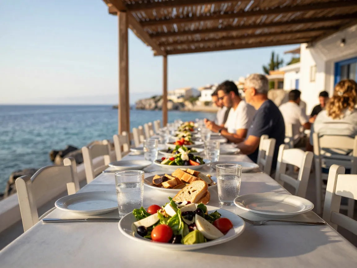 Outdoor table set for a meal under a pergola by the sea, with people seated in the distance.