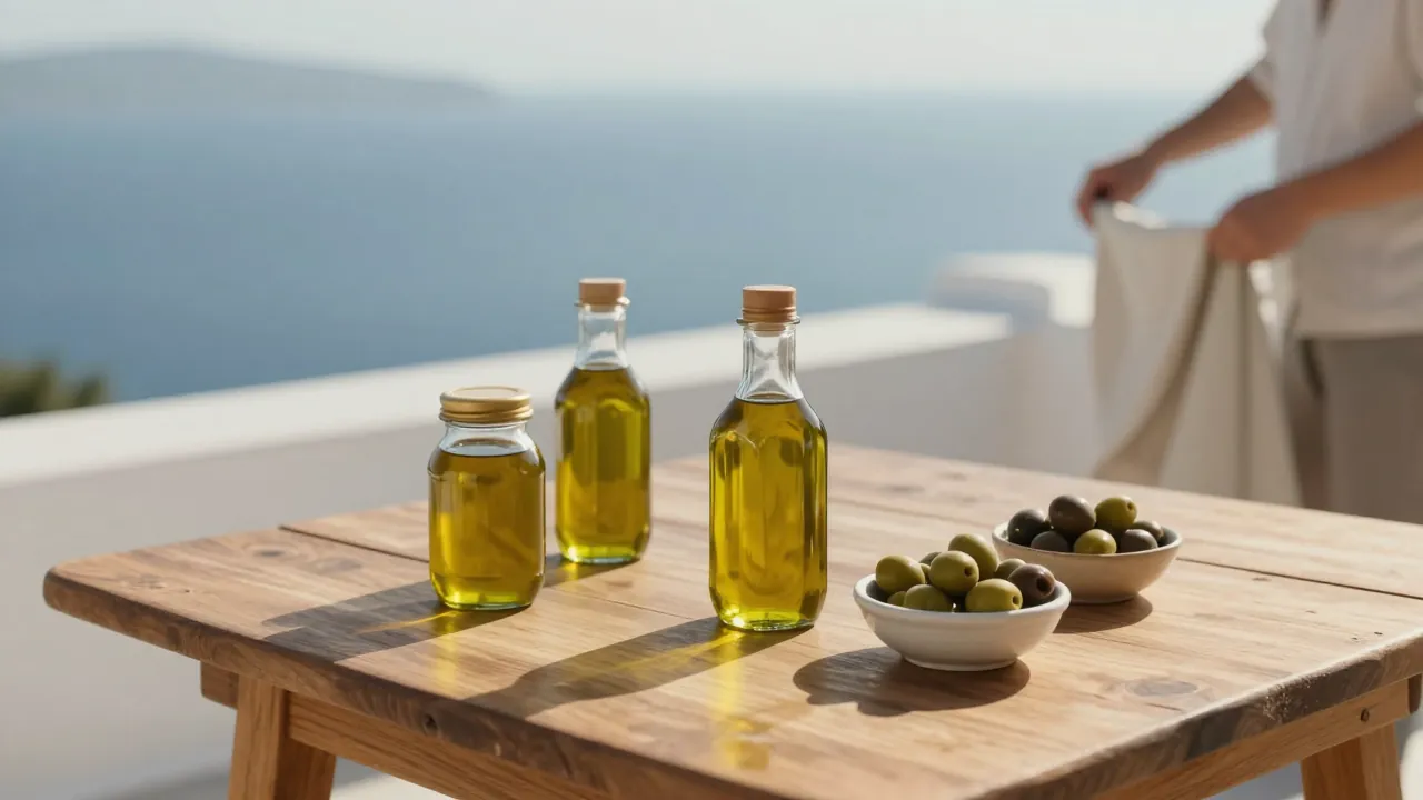 Sunlit Cycladic terrace with jars of olive oil and bowls of olives, sea in background.