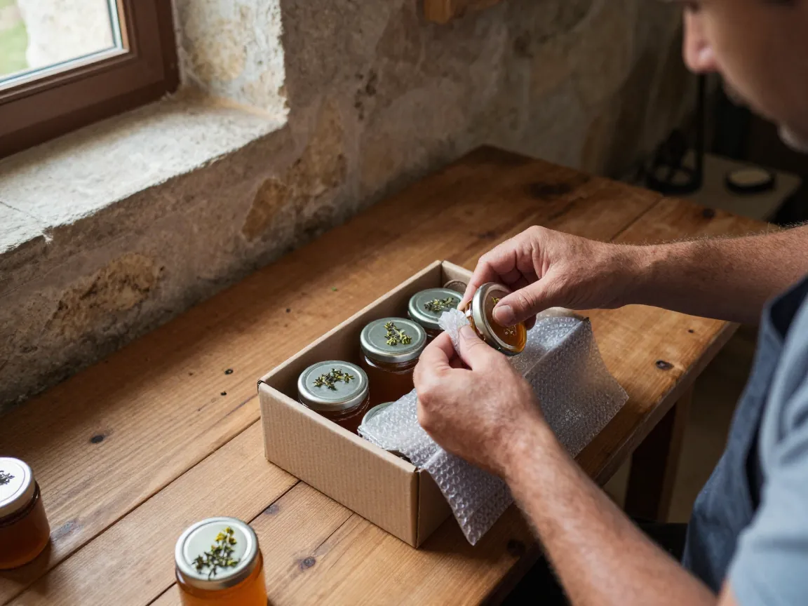Hands wrapping jars of honey in bubble wrap inside a cardboard box on a wooden workbench.