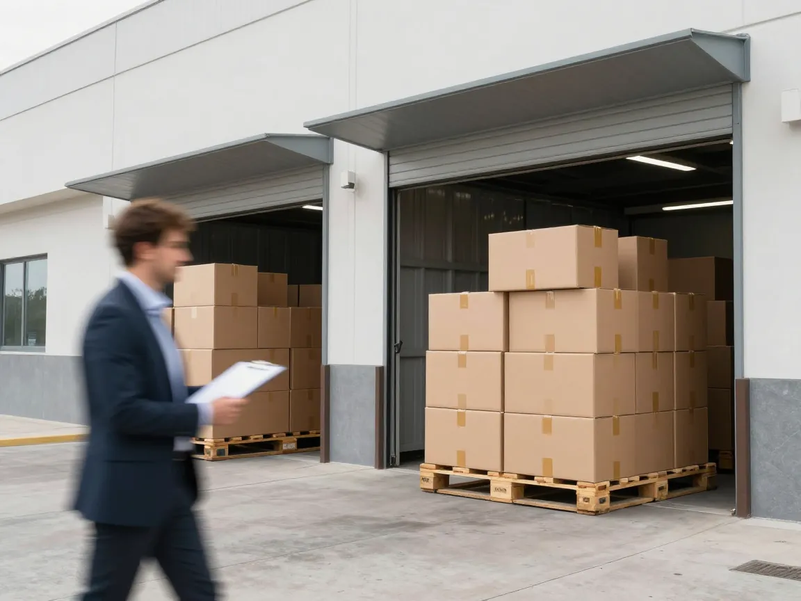 Loading dock of a conference venue with stacked boxes on a pallet and person checking a clipboard.