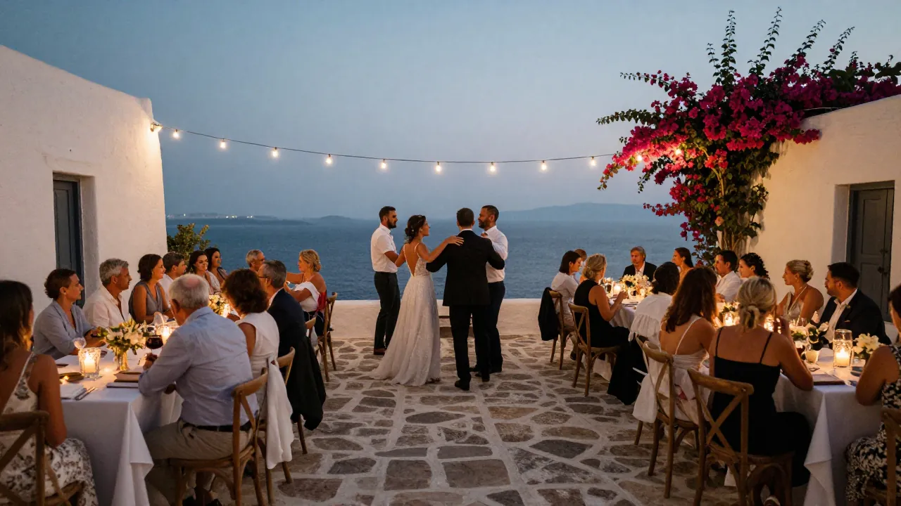 Wedding guests dancing in a circle on a stone terrace at dusk, string lights above, sea in the background.