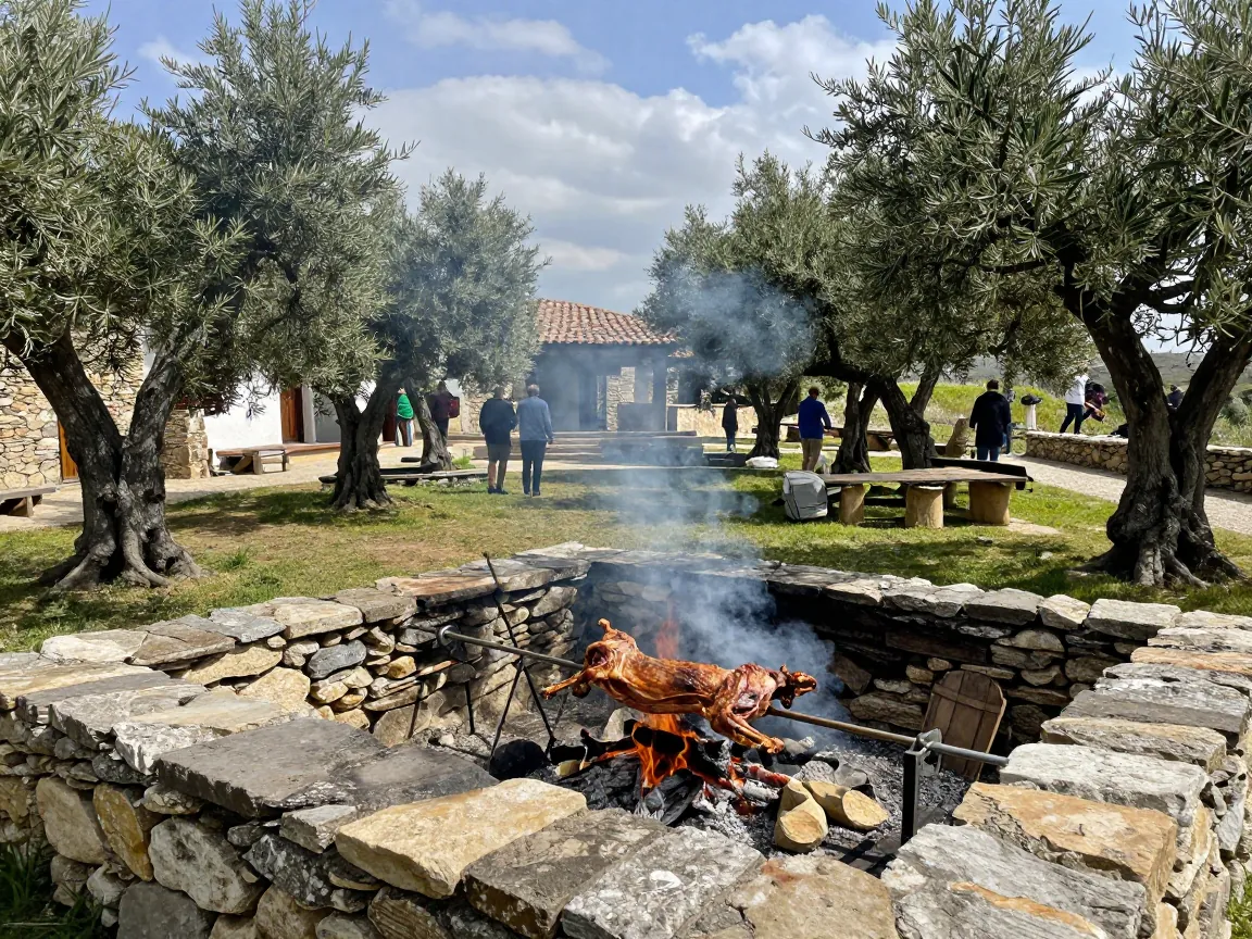 Αρνί στη σούβλα ψήνεται σε εξοχικό κτήμα, με κόσμο να στέκεται σε απόσταση.