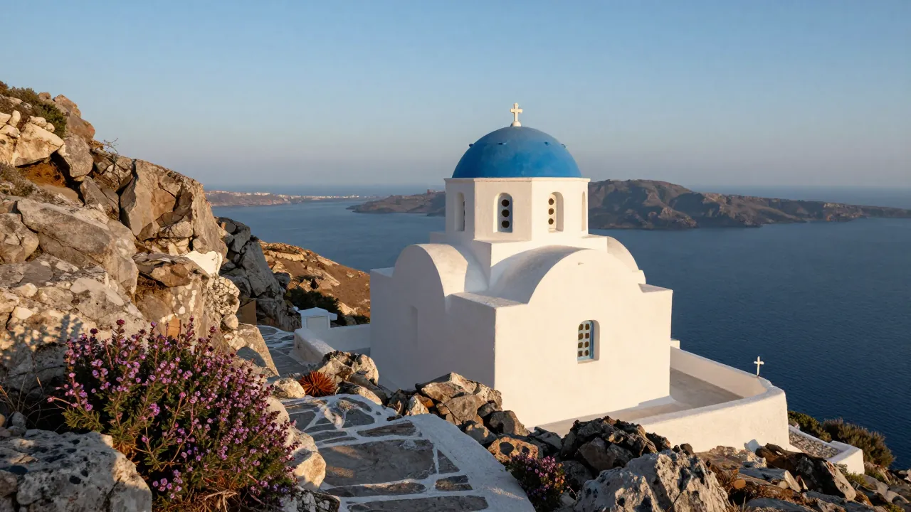 Whitewashed chapel with blue dome on a rocky hill above the Aegean Sea, warm afternoon light.