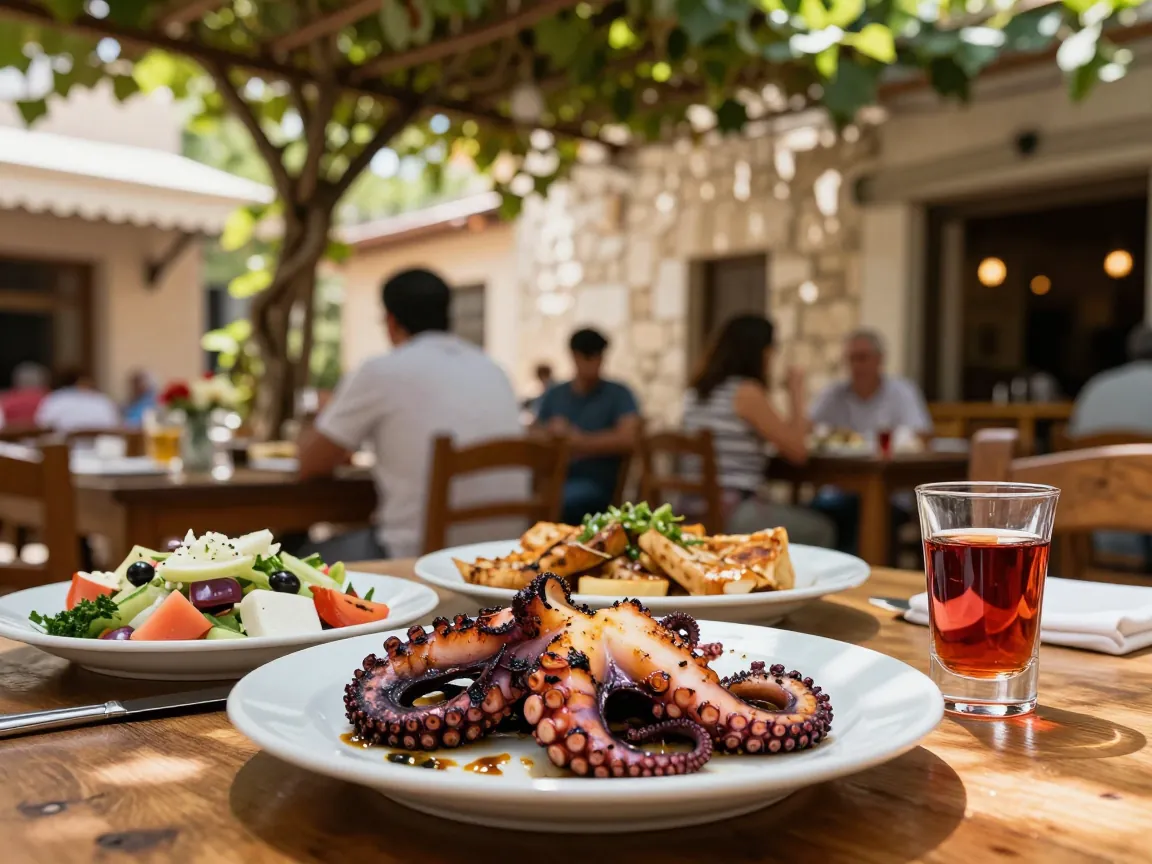 Κοντινό πλάνο σε τραπέζι ταβέρνας με ελληνικα πιάτα και ούζο κάτω από πέργκολα με κληματαριά, άνθρωποι θολοί στο βάθος.