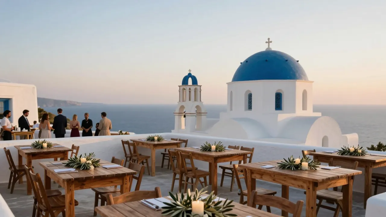 Whitewashed terrace with sea view set for a wedding, olive branches and candles on tables, guests mingling in the distance.