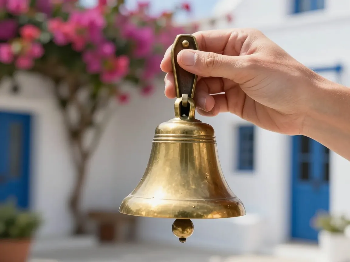 Hand holding a brass handbell in a Greek courtyard with bougainvillea, ready to ring, soft daylight.