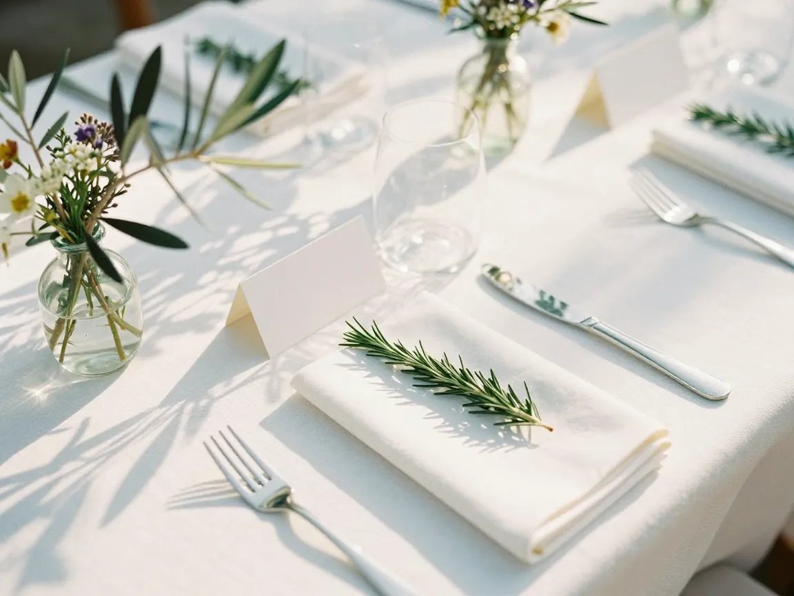 Overhead view of a wedding table setting with blank place card, rosemary sprig, wildflowers, and white linen in sunlight.