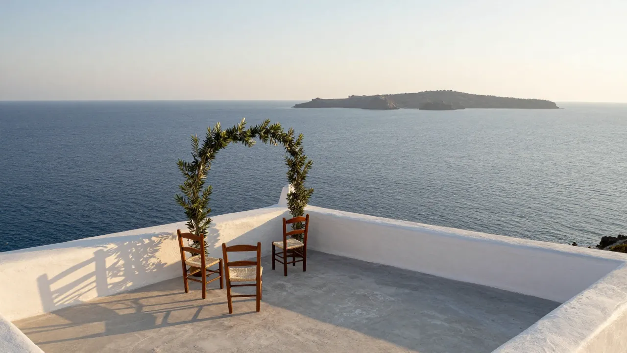Whitewashed chapel terrace with wooden chairs overlooking the Aegean Sea under golden light.