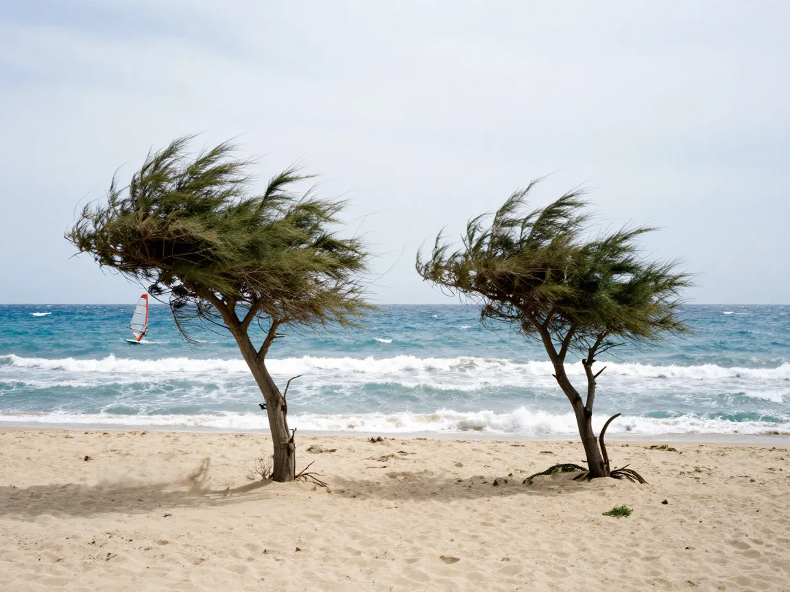 Windy Cycladic beach with tamarisk trees bending, whitecaps, and a distant windsurfer.