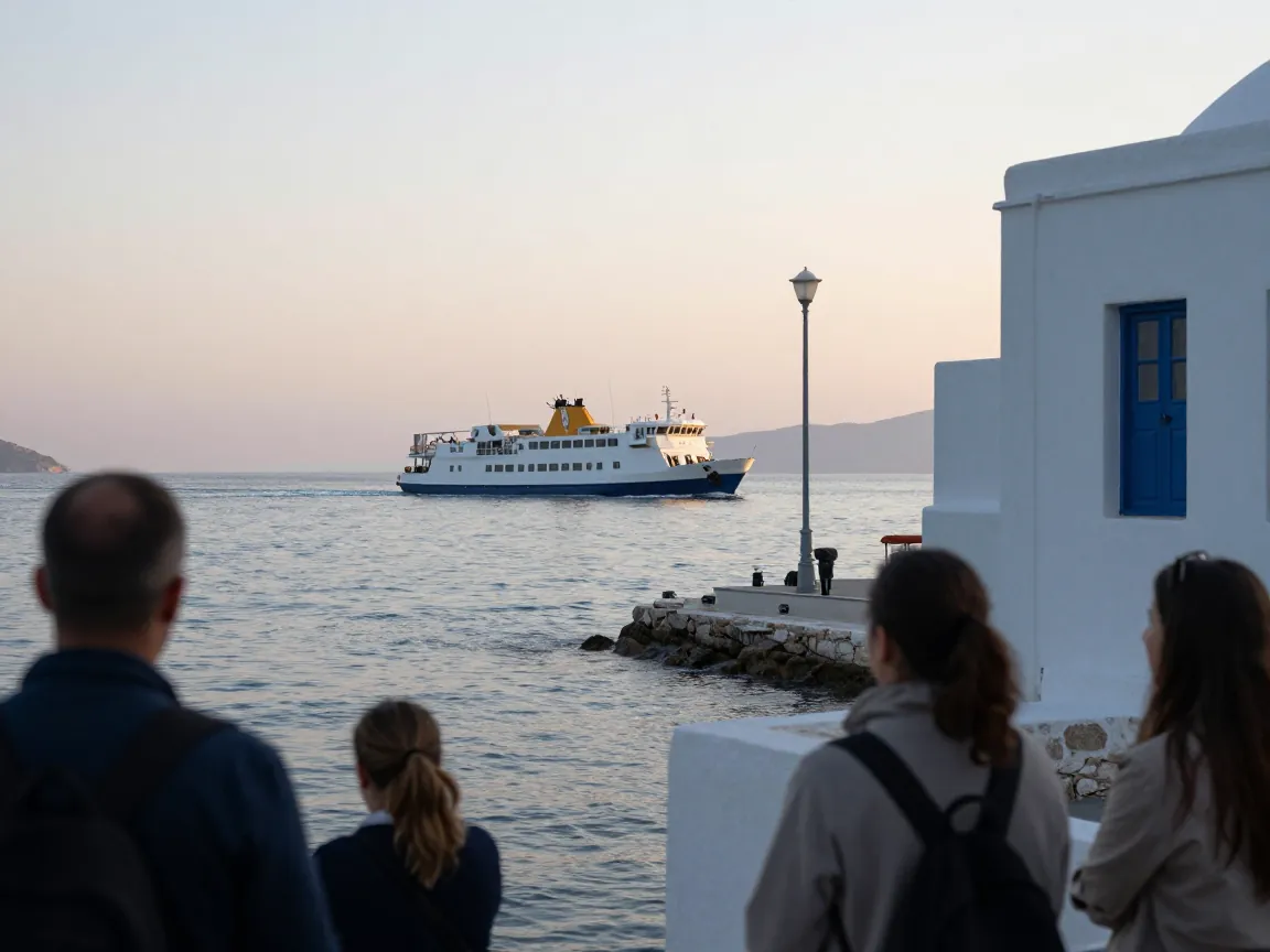 Small Greek island ferry dock at dawn with ferry approaching and blurred passengers from behind.